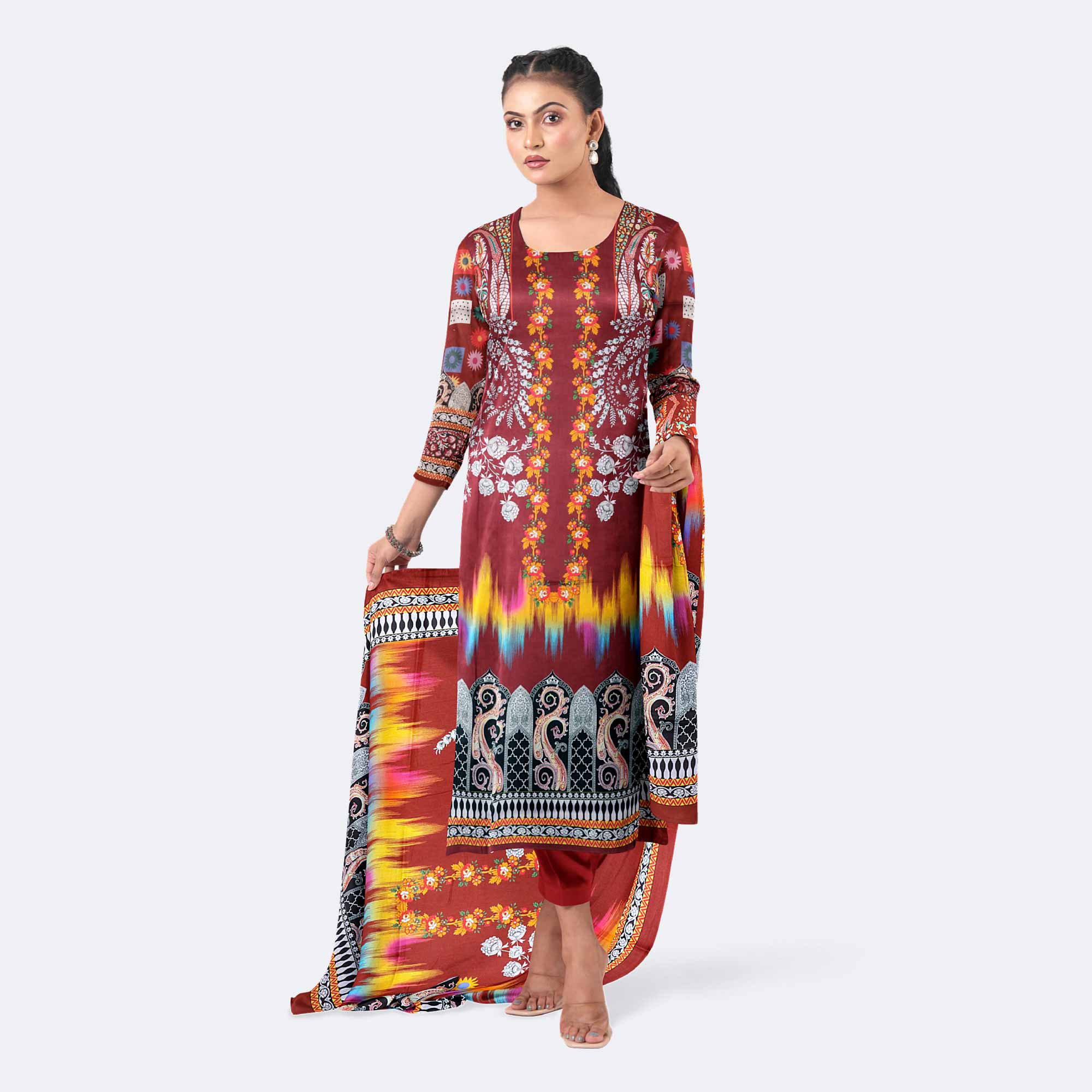 Dark Red Digital Print Premium Cotton Salwar Kameez