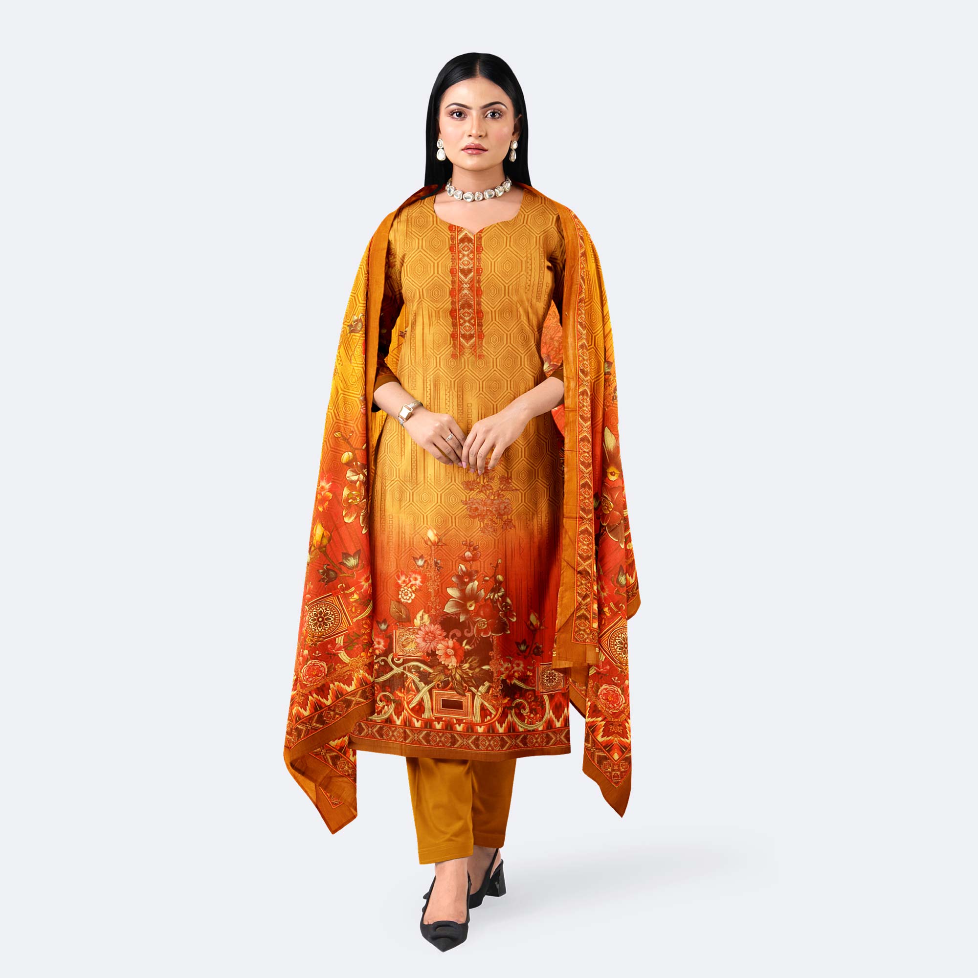 Burnt Orange Digital Print Cotton Salwar Kameez