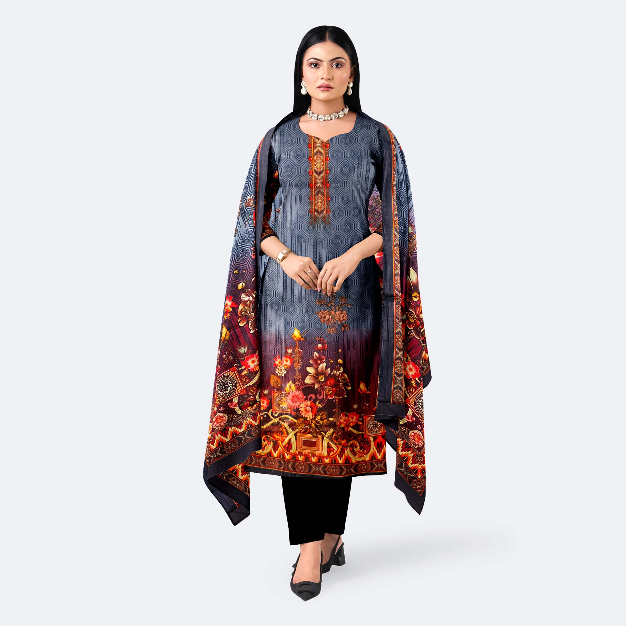 Slate Blue Digital Print Cotton Salwar Kameez