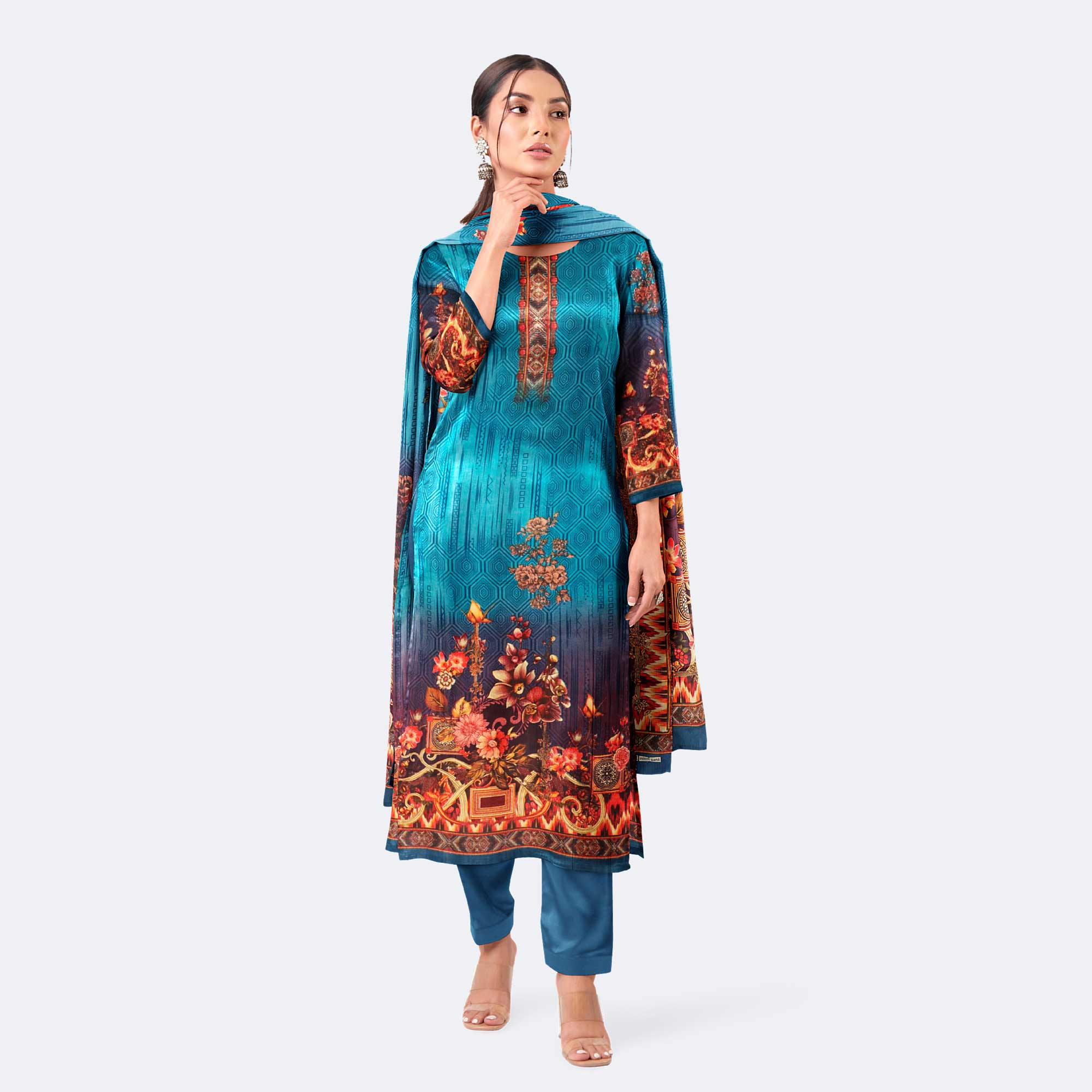 Turquoise Blue Digital Print Cotton Salwar Kameez