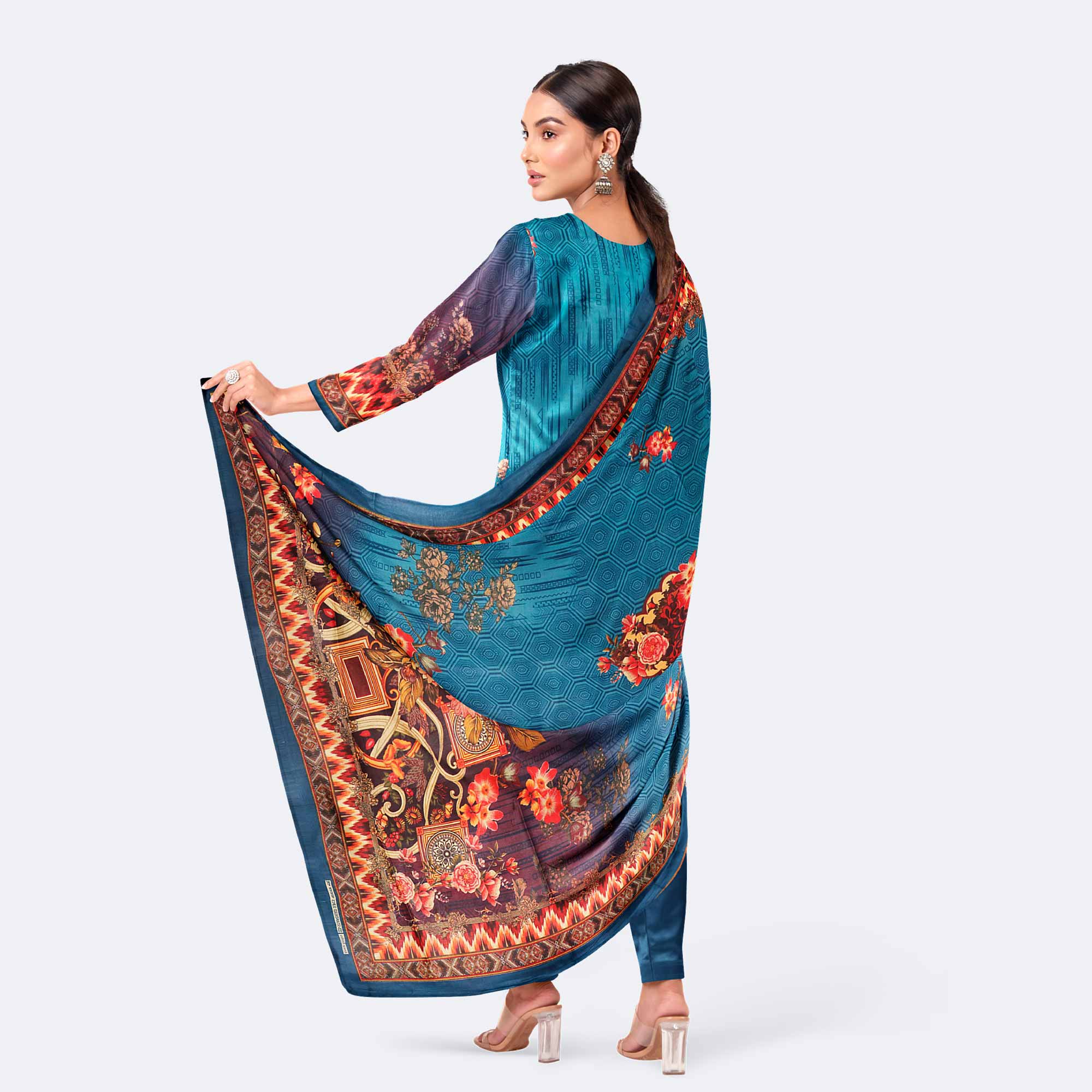Turquoise Blue Digital Print Cotton Salwar Kameez