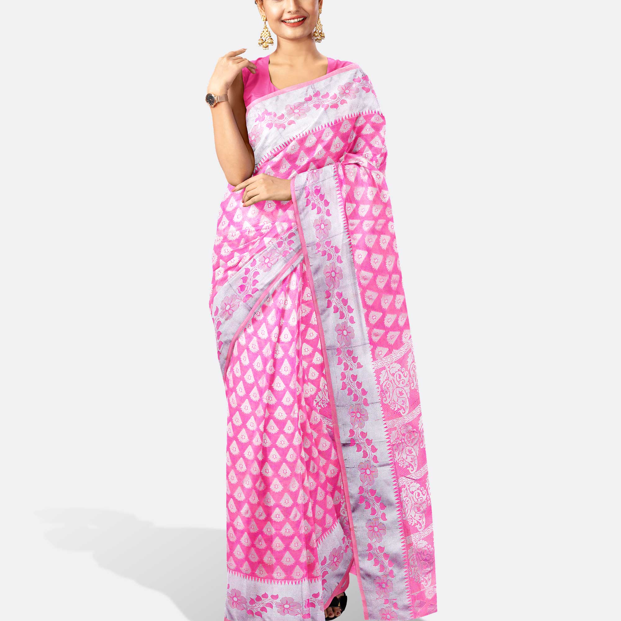 Pink & Ash Katan Saree