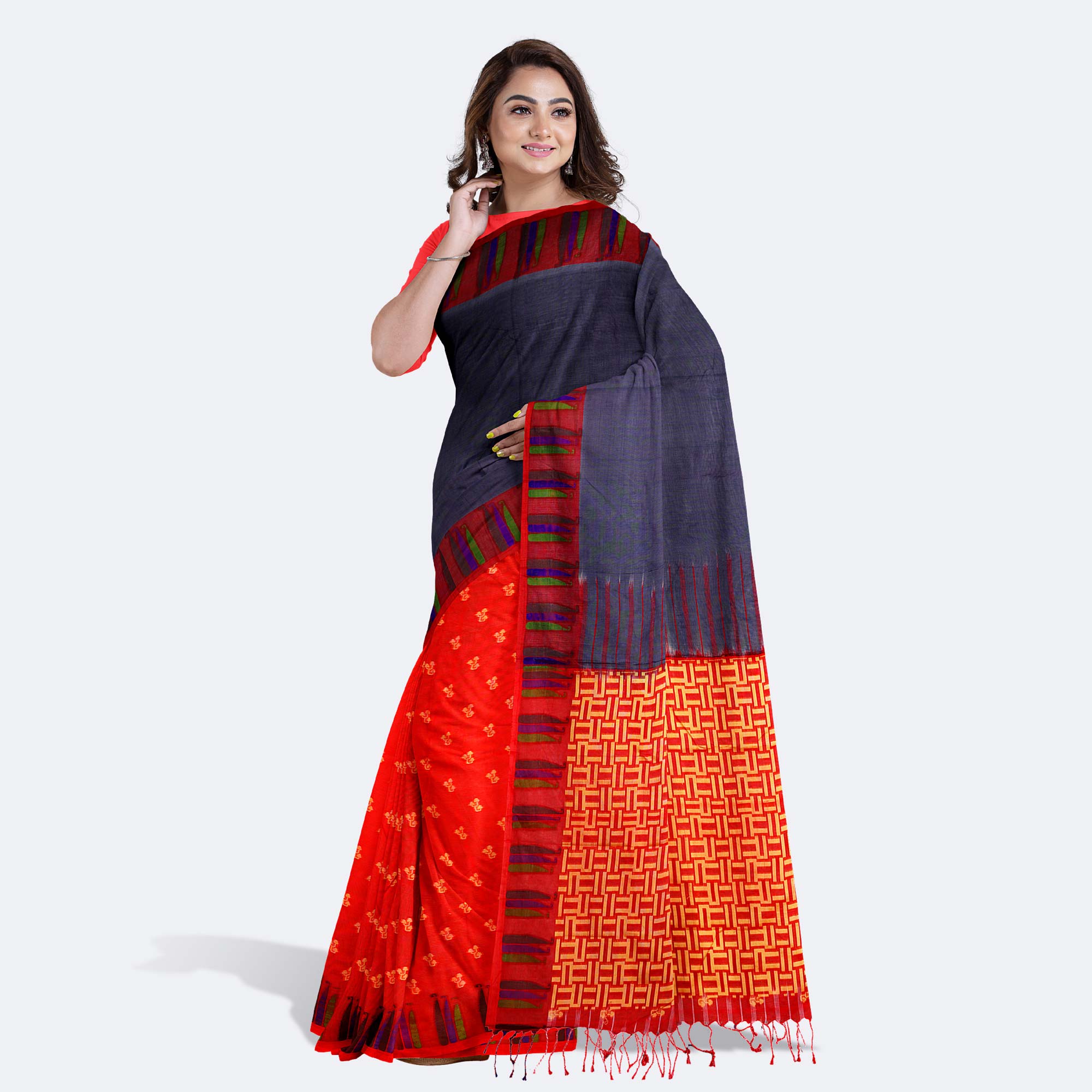 Navy Blue & Red Handcrafted Tant Saree