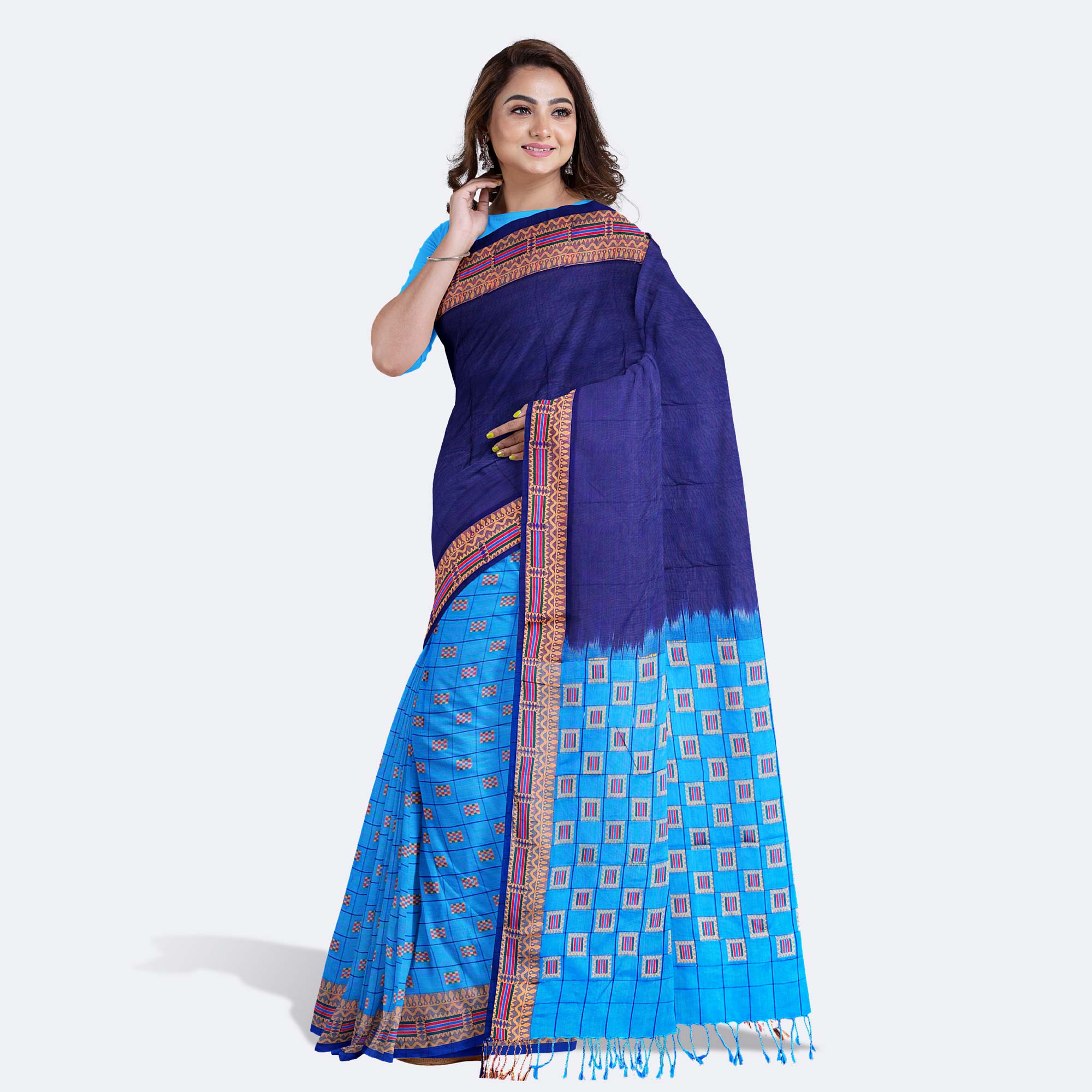 Sky Blue & Navy Blue Handcrafted Tant Saree