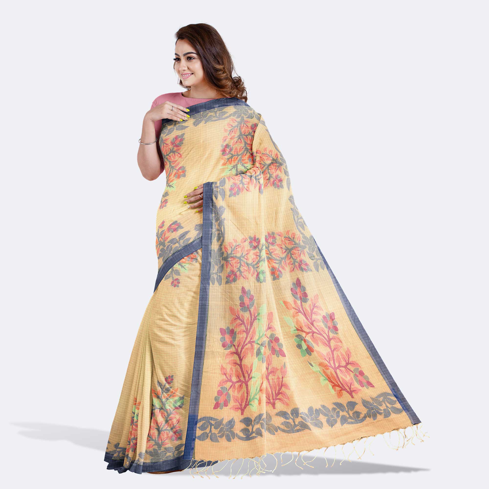 Peach Handcrafted Tant Saree