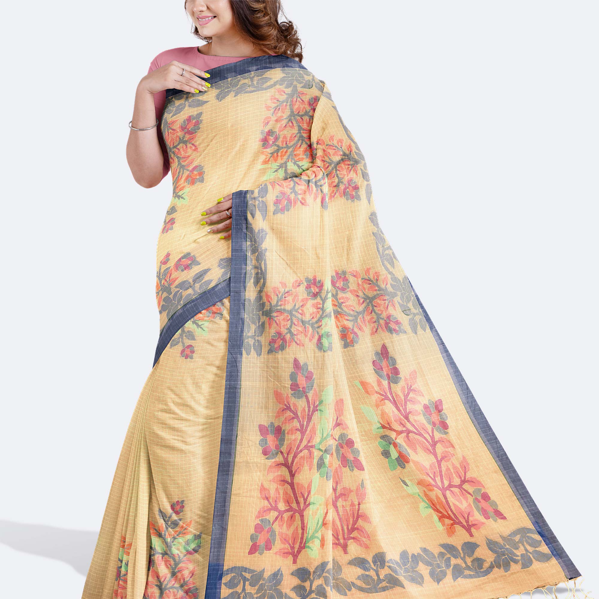 Peach Handcrafted Tant Saree
