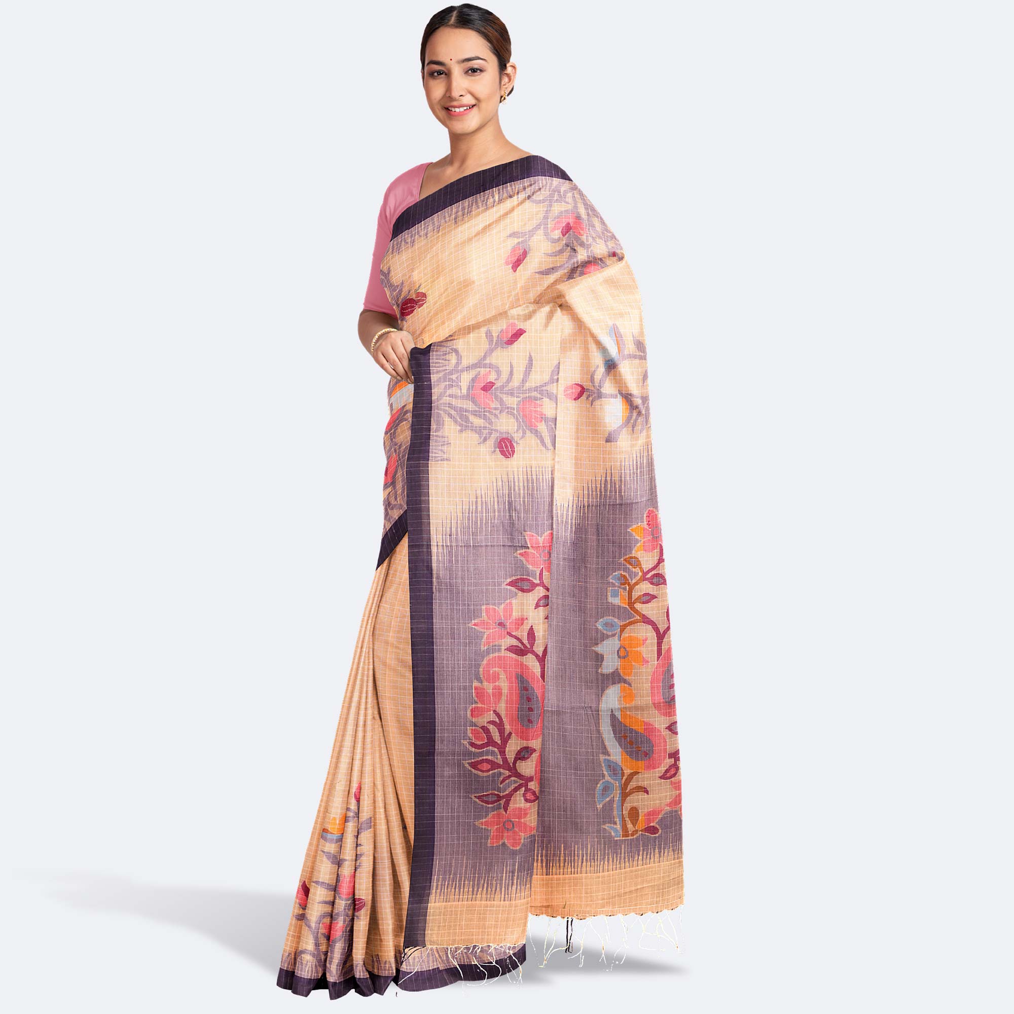 Peach & Purple Handcrafted Tant Saree
