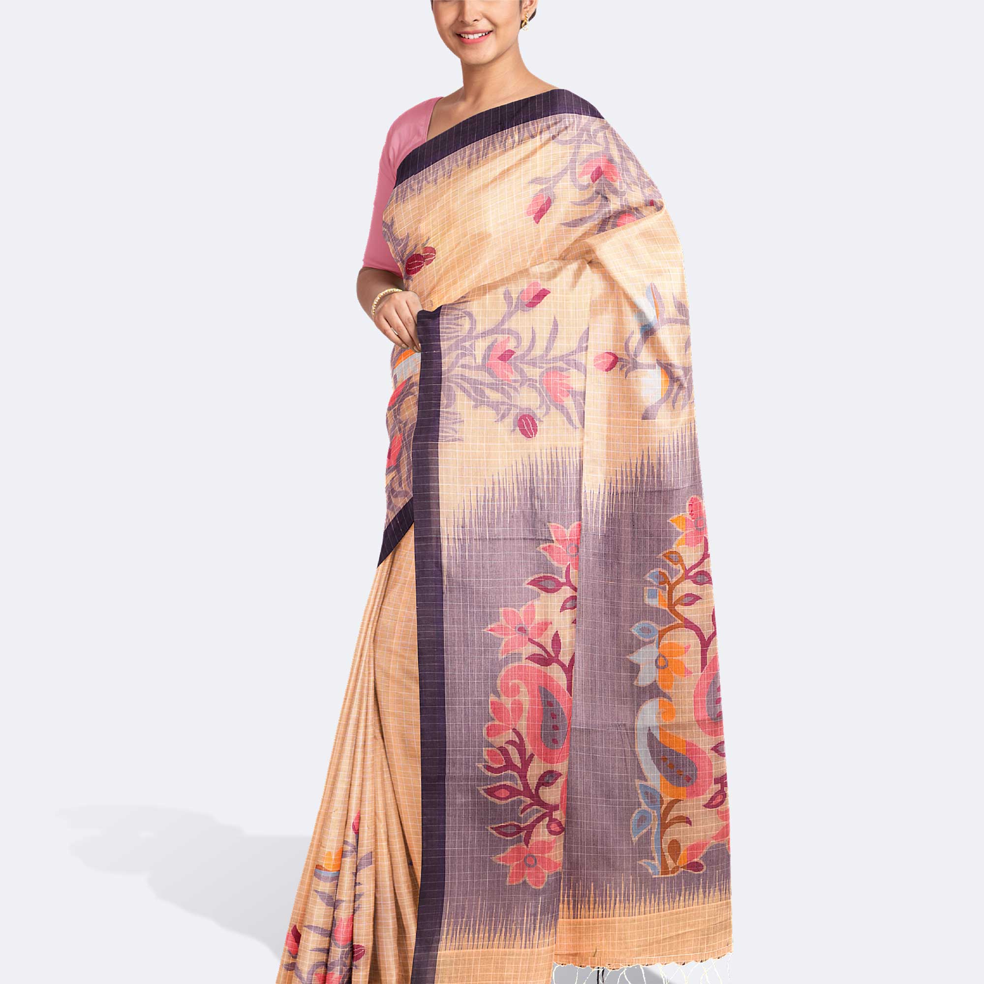 Peach & Purple Handcrafted Tant Saree