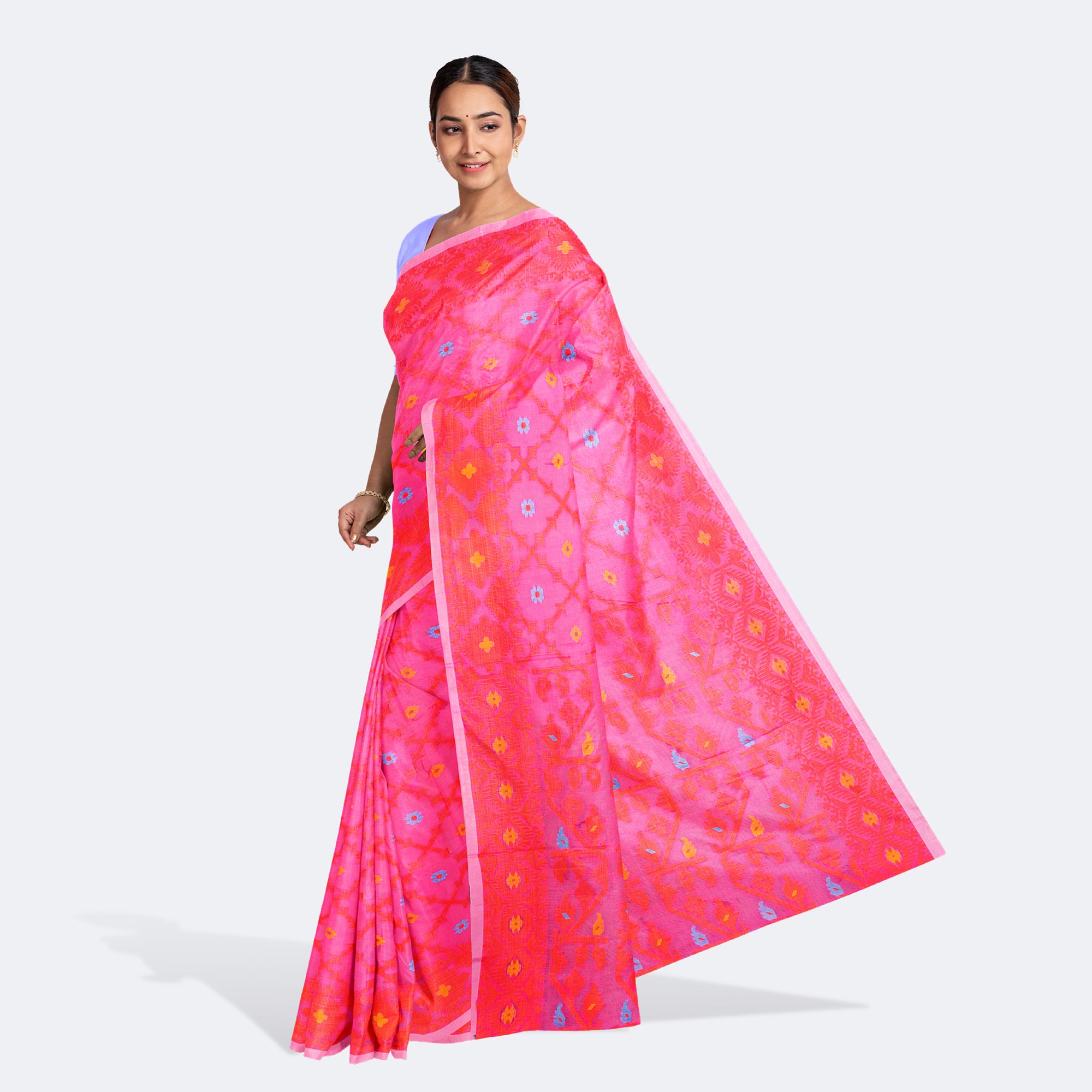 Pastel Red Handcrafted Tant Saree
