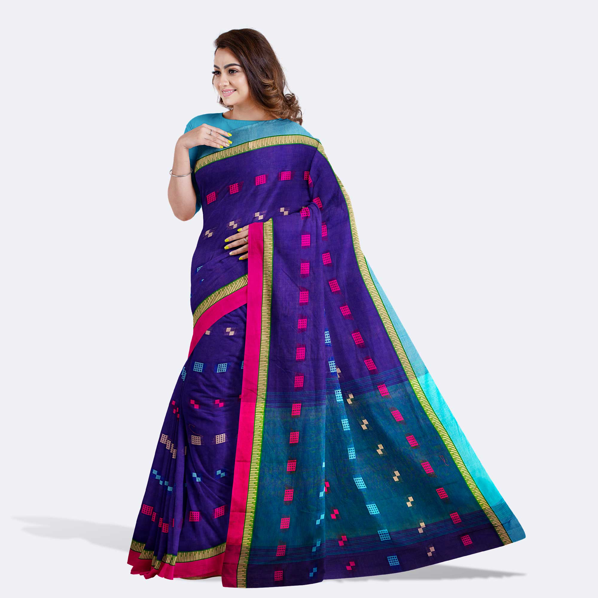 Midnight Blue Handcrafted Tant Saree