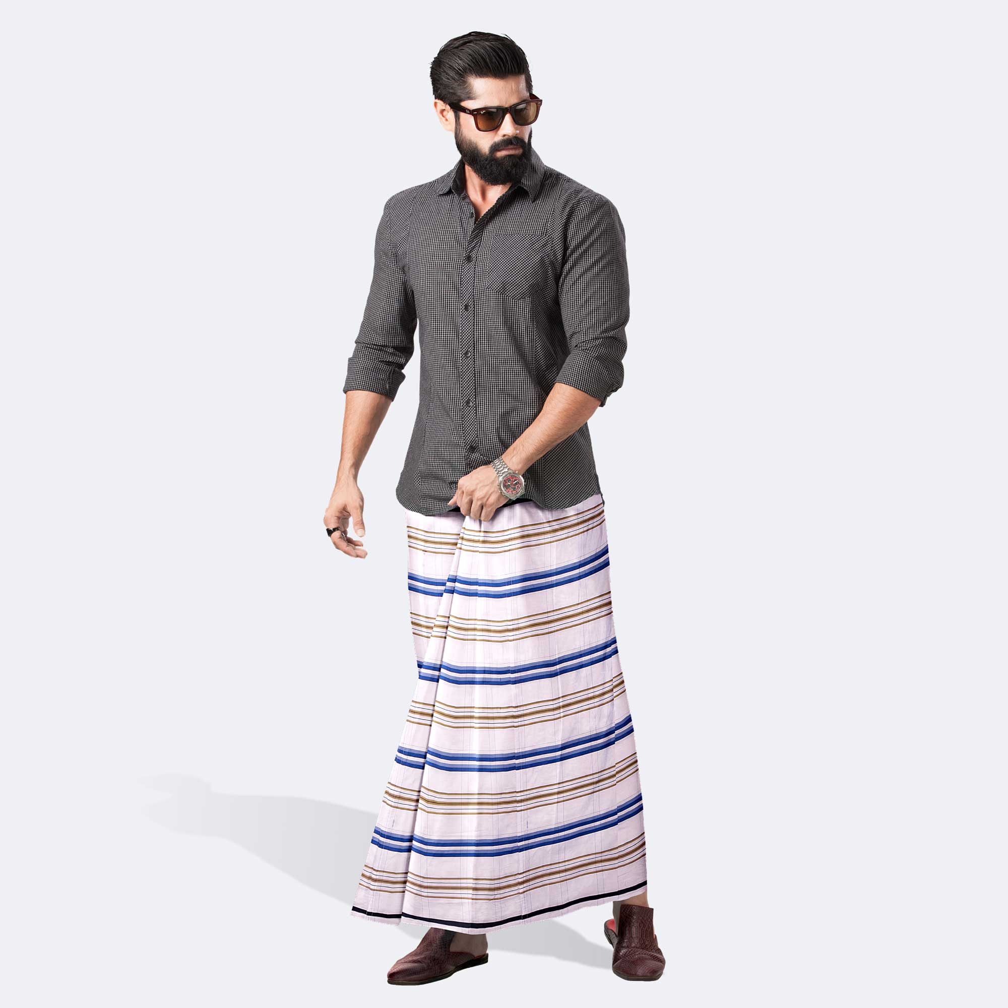 Men s Stylish Colorful Stripe Check Stitched Lungi Golden Plus