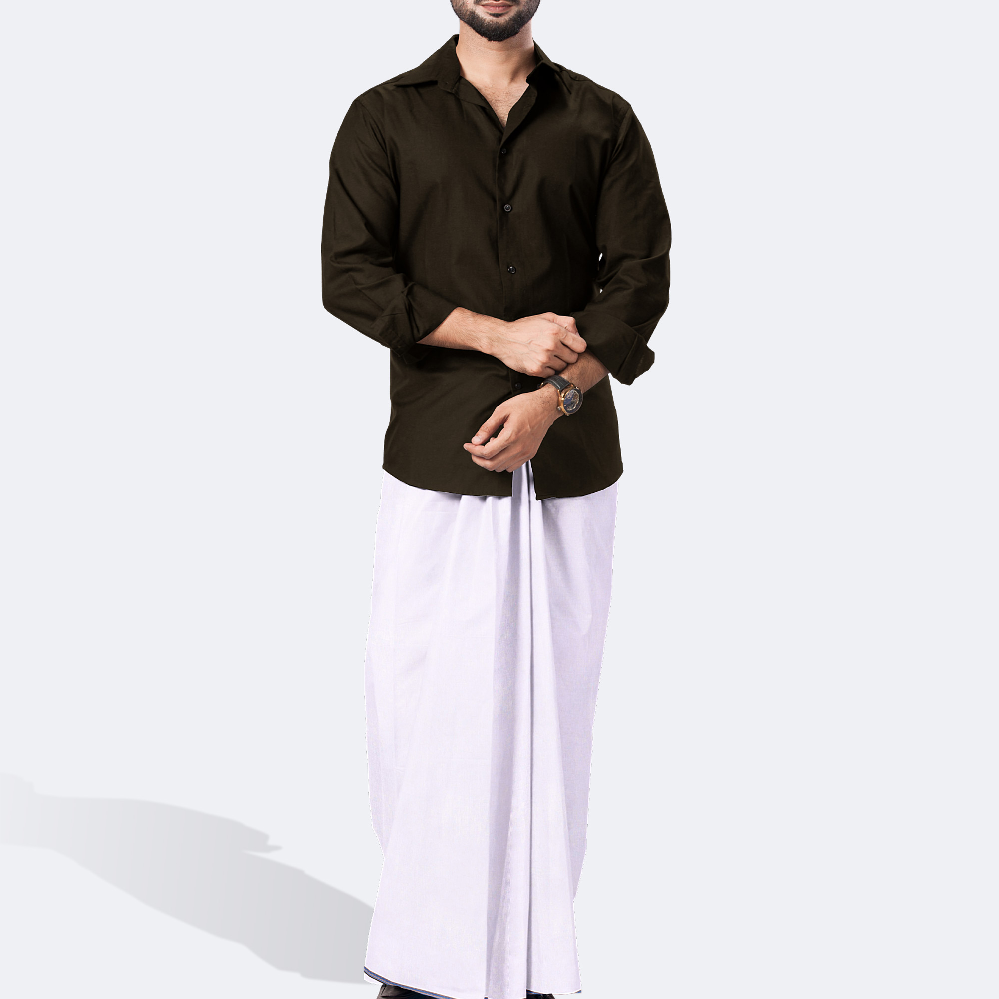 black shirt white lungi