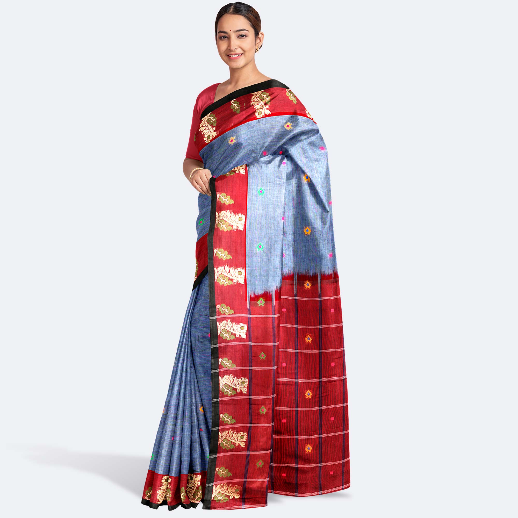 Buy Red Cotton Tant Saree with All Over Buti Work Online