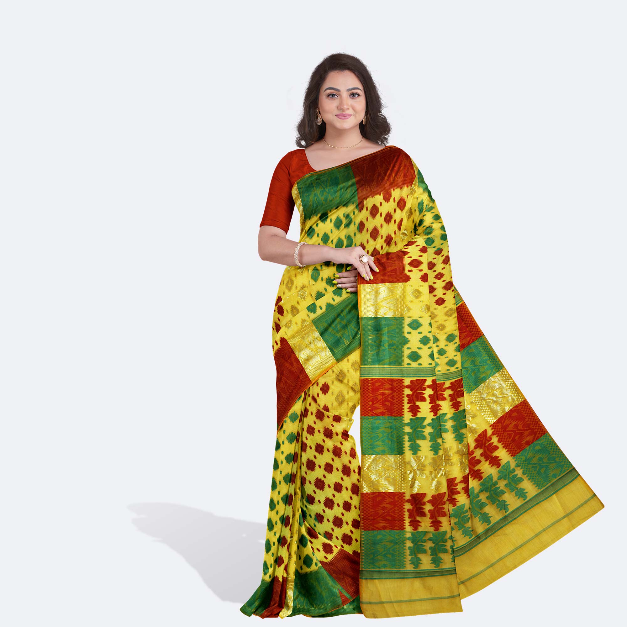 Buy Gaye Holud Yellow & Red Cotton Baluchari Saree