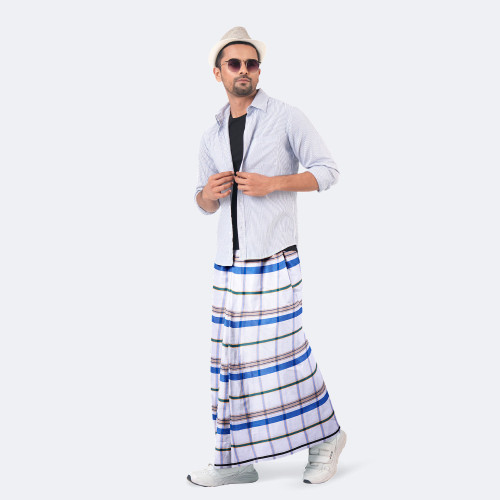 White & Blue Striped Lungi - Adorsho