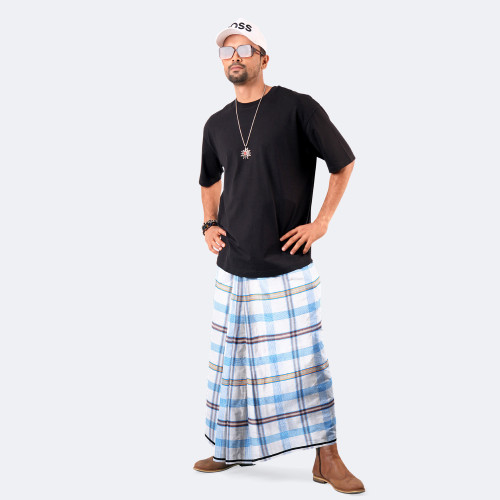 White & Sky blue Check Cotton Lungi