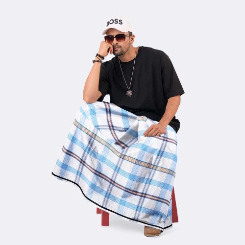 White & Sky blue Check Cotton Lungi