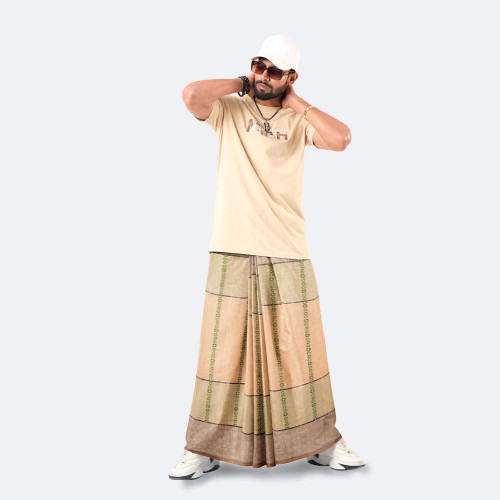 Peachy Beige Dobby Design Cotton Lungi - Excellent