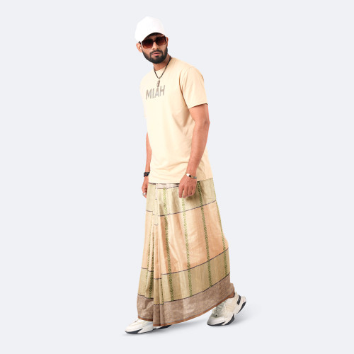 Peachy Beige Dobby Design Cotton Lungi - Excellent