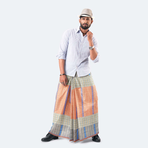 Light Coral Dobby Design Cotton Lungi - Excellent