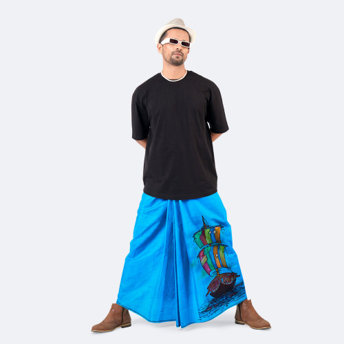 Hand-Painted Sailboat Design Lungi - Latest