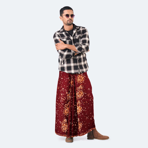 Brick Red Floral Lungi - Modhumoti