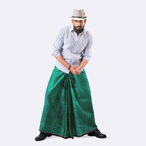 Green Color Stripe & Check Lungi - Showkhin