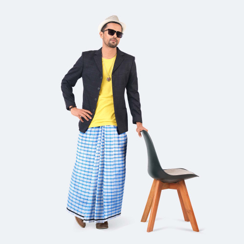 Men's White & Blue Color Lungi - Showkhin