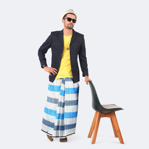 Men's White & Blue Check Lungi - Showkhin