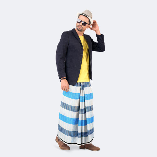 Men's White & Blue Check Lungi - Showkhin