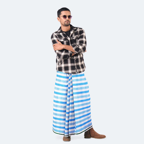 Men's White & Blue Check Lungi  Somman