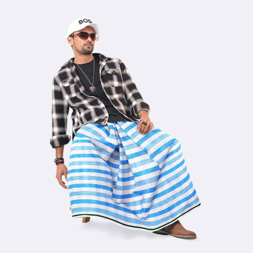 Men's White & Blue Check Lungi  Somman
