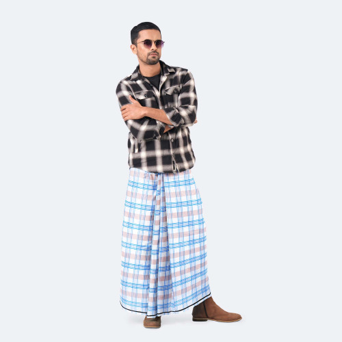 White & Blue Check Cotton Lungi - Zoboraj