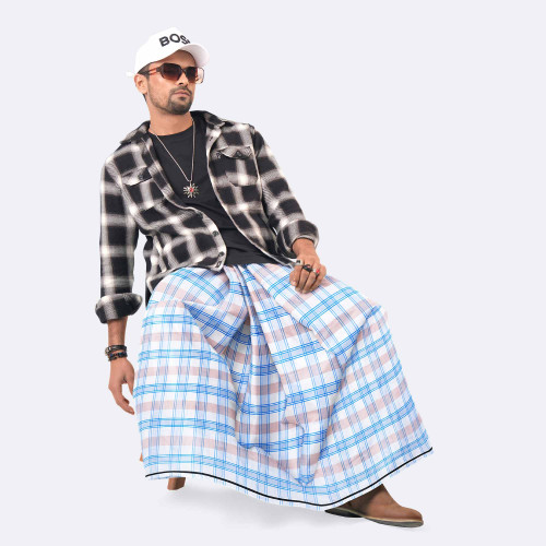 White & Blue Check Cotton Lungi - Zoboraj