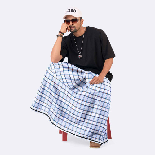 Baby Blue & White Check Cotton Lungi - Zoboraj