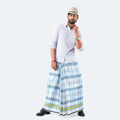 Blue & White Check Cotton Lungi - Zoboraj