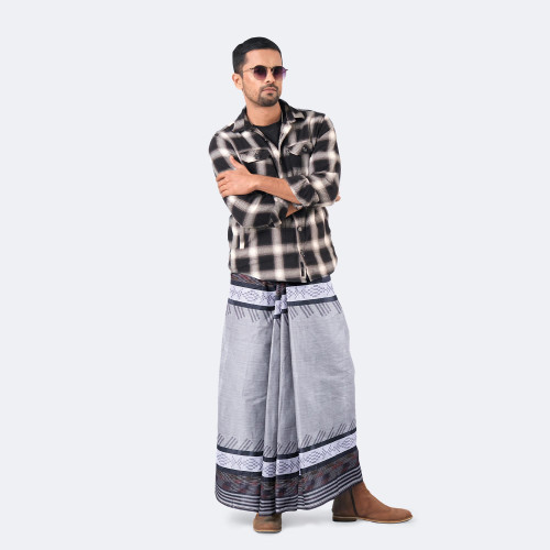 Ash Grey Geo Border Lungi – Prachurjo | MIAH