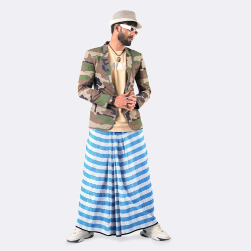 White & Blue Stripe Lungi - Saz Bilash | MIAH