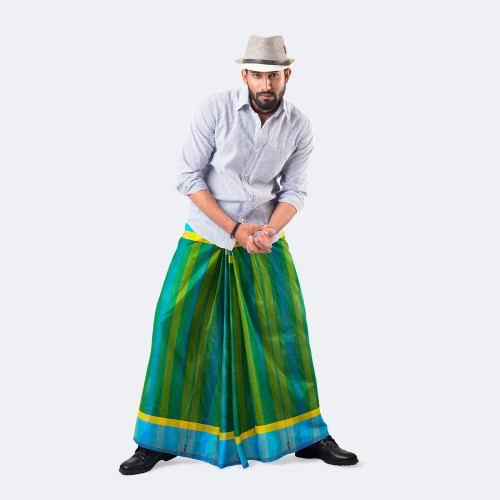 Men’s Green & Blue Striped Cotton Lungi - Ashapurno