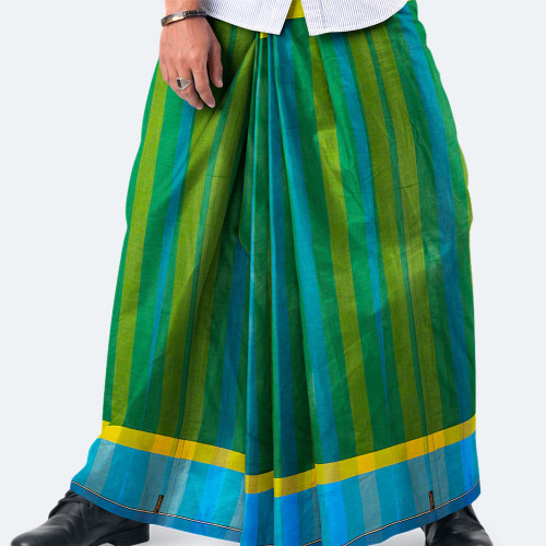 Men’s Green & Blue Striped Cotton Lungi - Ashapurno
