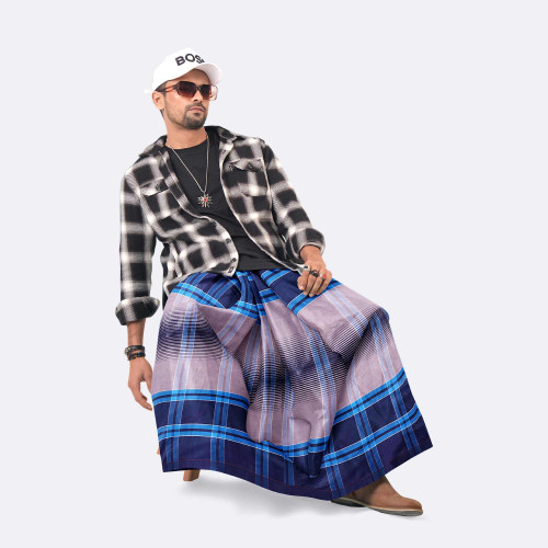 Slate Grey & Ocean Blue 100% Cotton Lungi - Crown