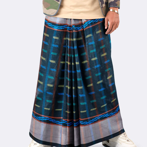 Midnight Teal & Rustic Blue 100% Cotton Lungi - Crown