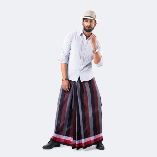 Burgundy & Deep Charcoal 100% Cotton Lungi - Crown