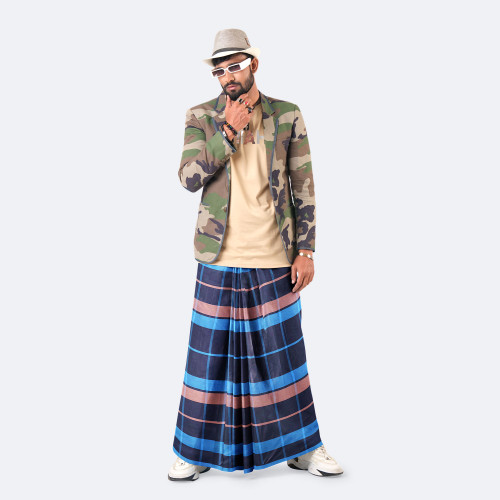 Blue & Brown Checkered 100% Cotton Lungi - Crown