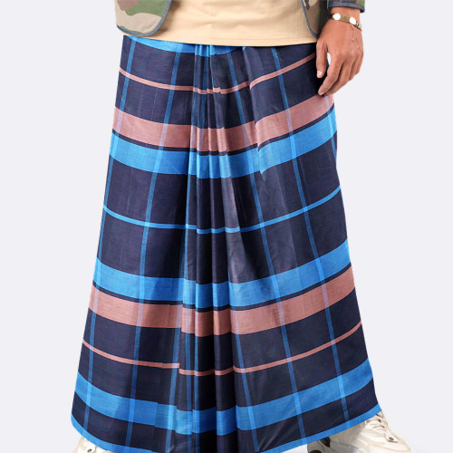 Blue & Brown Checkered 100% Cotton Lungi - Crown