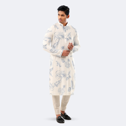 White & Blue Tropical Leaf Print Cotton Punjabi