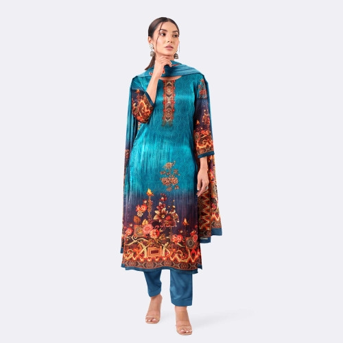 Turquoise Blue Digital Print Cotton Salwar Kameez
